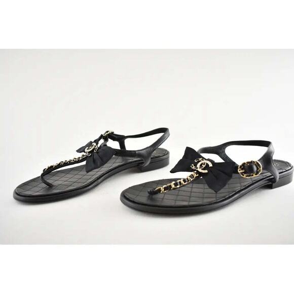 Chanel 20A Black Crystal Bow Lambskin CC Logo Mule Slide Flat Thong Sandal 39.5 - Picture 9 of 12